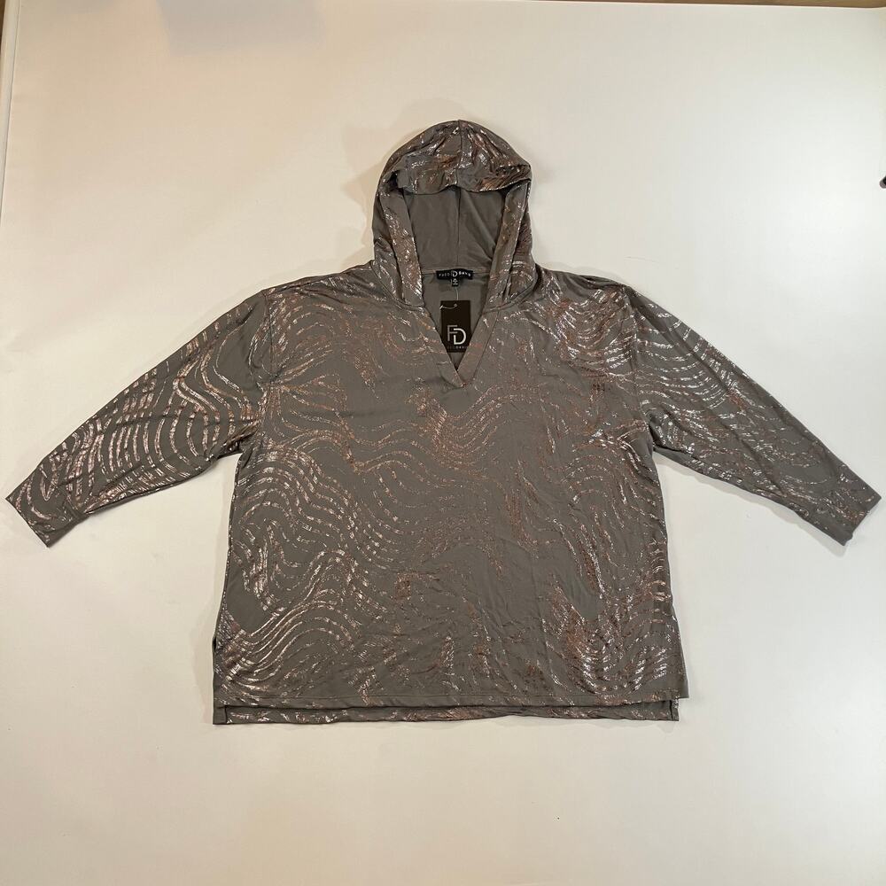 Fred David Women's 3X Gray Metallic Swirl Print Hooded V Neck Top NWT